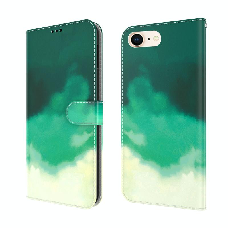 Aquarel Pattern Horizontale Flip Lederen Case met Houder & Card Slot & Portemonnee voor iPhone SE 2020 & 8 & 7 (Cyaan Groen)