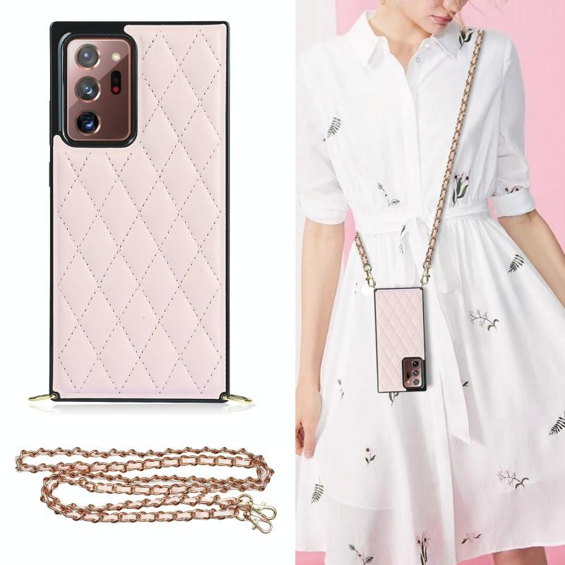 Voor Samsung Galaxy Note20 Ultra Elegant Rhombic Pattern Microfiber Leather + TPU Shockproof Case met Crossbody Strap Chain (Pink)