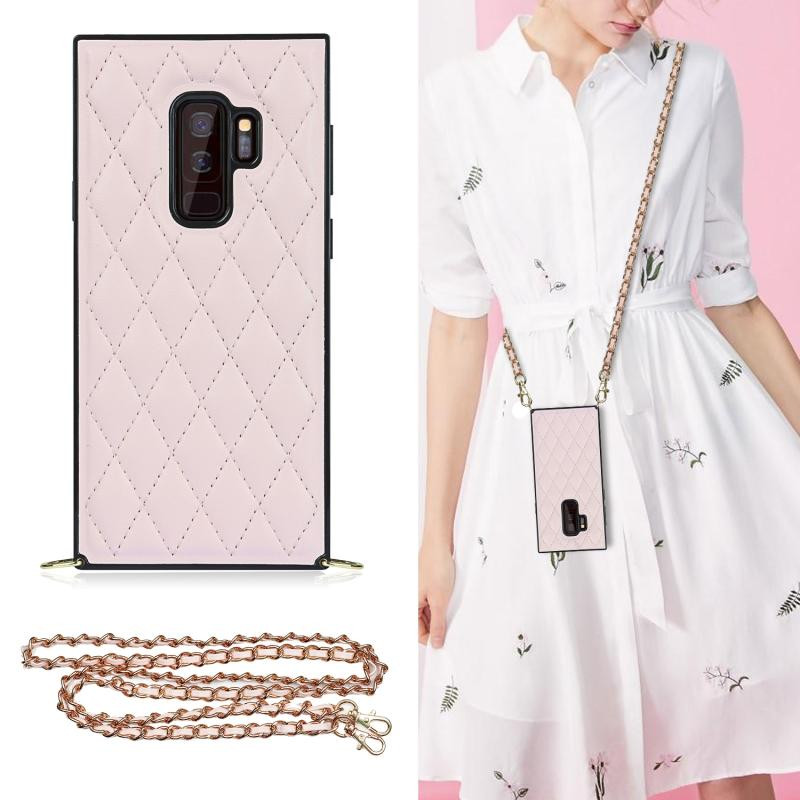 Voor Samsung Galaxy S9 + Elegant Rhombic Pattern Microfiber Leather + TPU Shockproof Case met Crossbody Strap Chain (Pink)