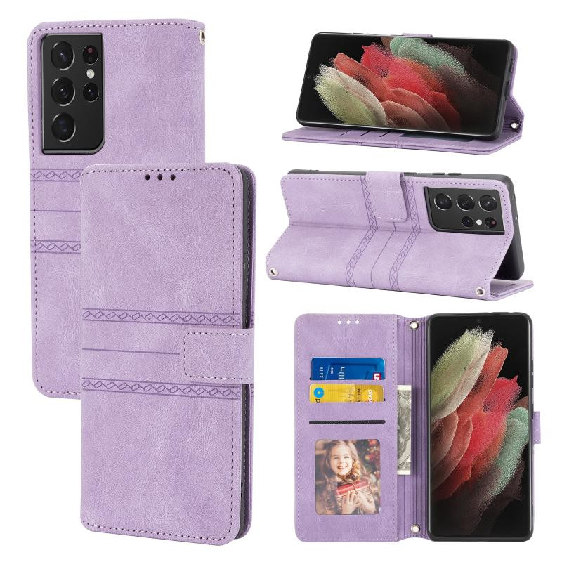 Voor Samsung Galaxy S21 Ultra 5G reliëf gestreepte magnetische gesp PU + TPU horizontale flip lederen tas met houder & kaart slot & portemonnee en fo