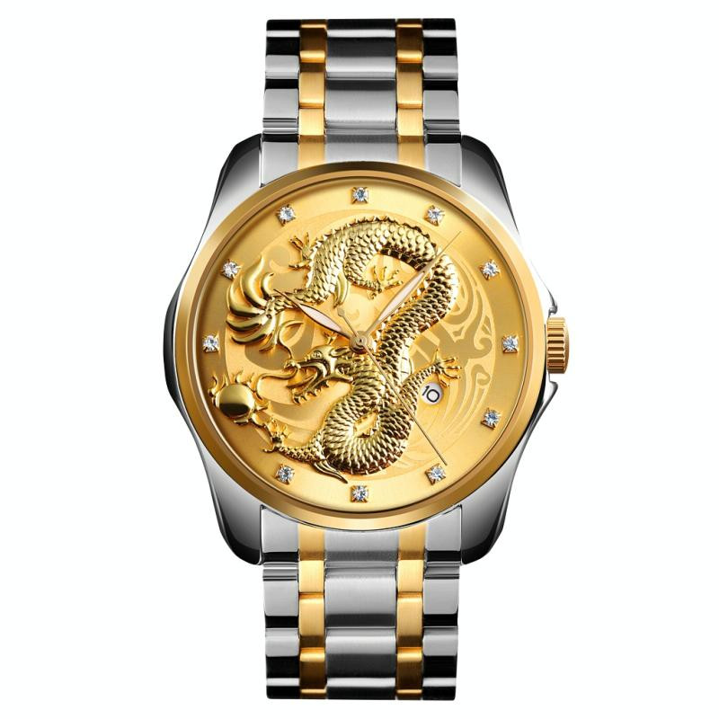 SKMEI 9193 Mannen Golden Dragon Pattern Calenda Dial Lichtgevend Quartz horloge (Silver Gold)