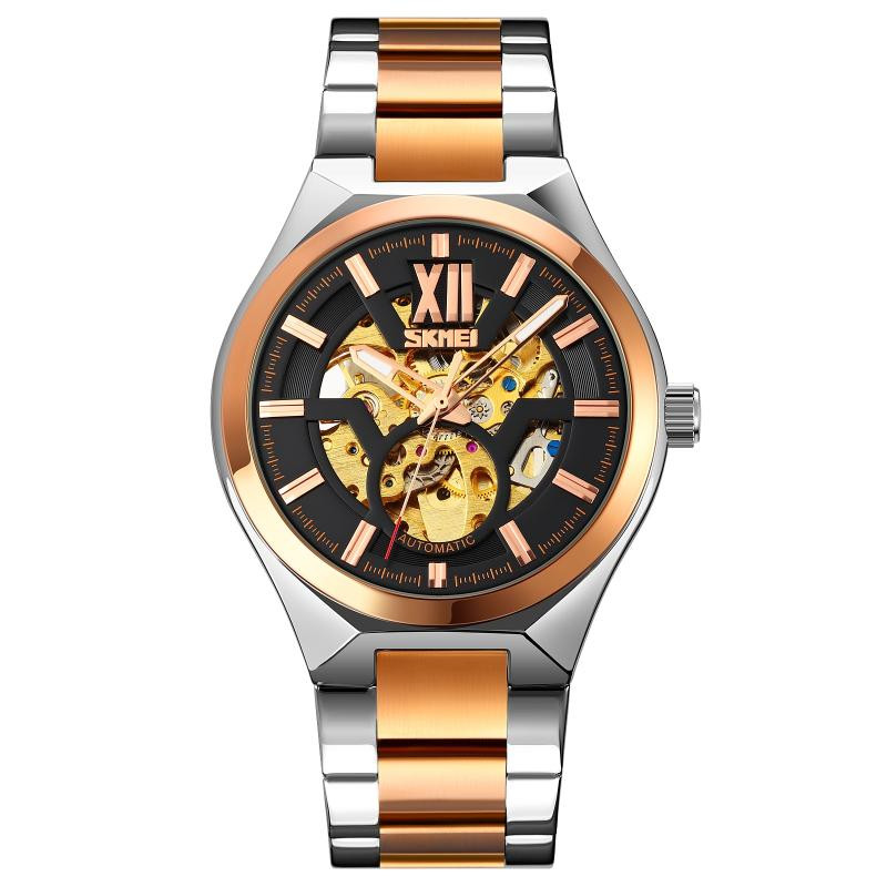 SKMEI 9258 heren twee-kleuren rvs riem automatisch mechanisch horloge (middelste rose goud shell zwart oppervlak)