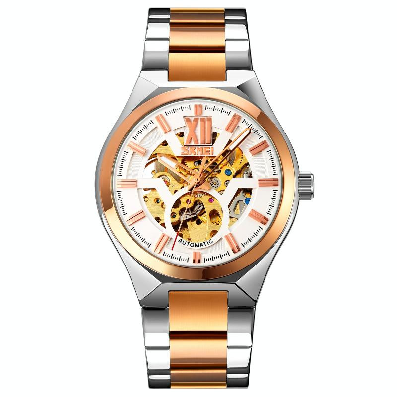 SKMEI 9258 heren twee-kleuren rvs riem automatisch mechanisch horloge (middelste roos goud shell zilver oppervlak)