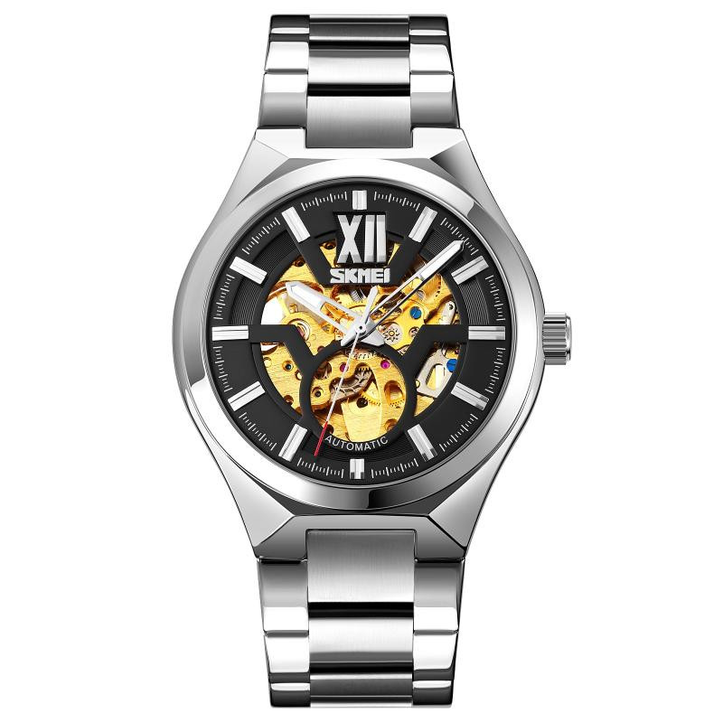 SKMEI 9258 Heren Two-Color Rvs Strap Automatisch Mechanisch Horloge (Zilver Shell Black Surface)