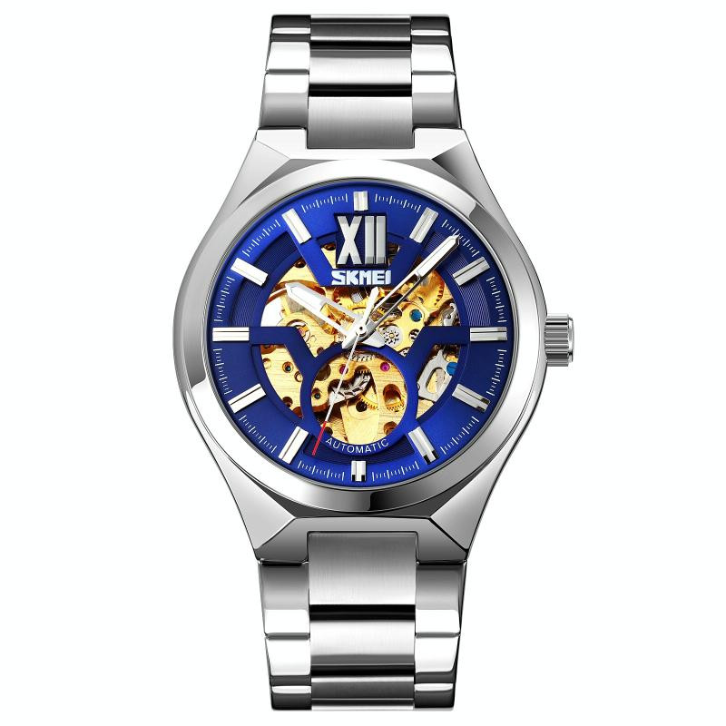 SKMEI 9258 heren twee-kleuren rvs riem automatisch mechanisch horloge (zilver shell blauw oppervlak)