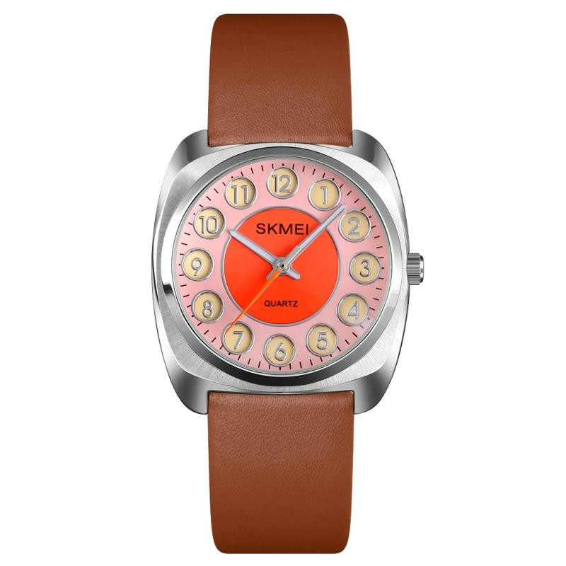 SKMEI Q029 Dames Telefoonnummer Patroon Dial Lederen Band Quartz horloge (Oranje)