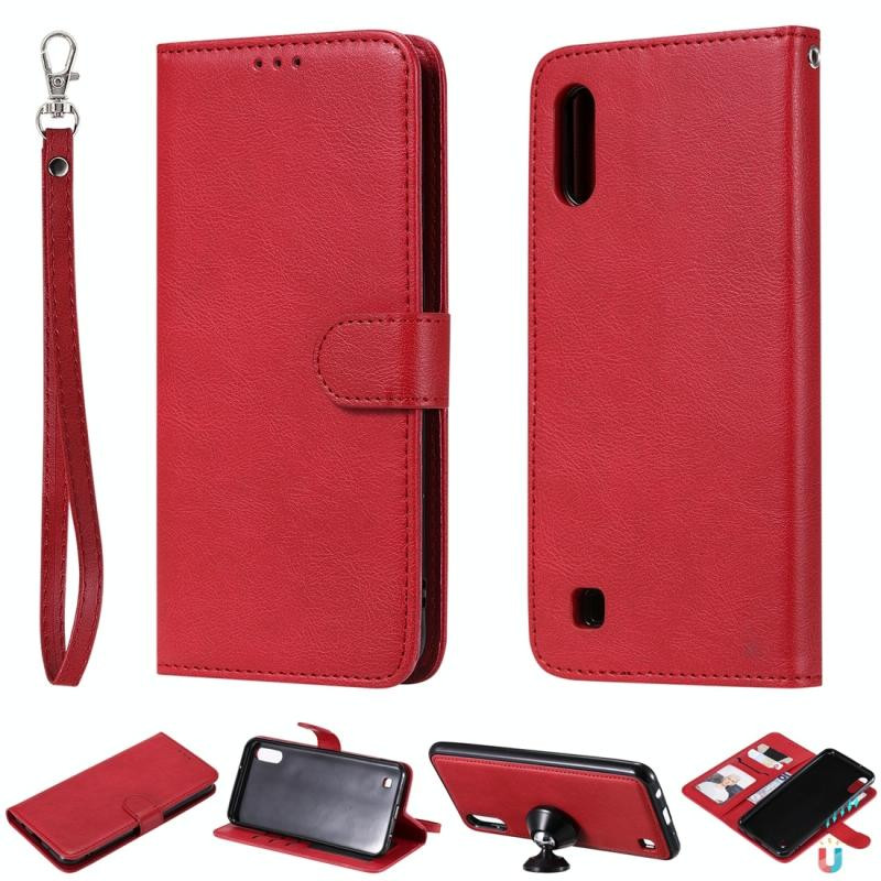 For Galaxy M10 Solid Color Horizontal Flip Protective Case with Holder & Card Slots & Wallet & Photo Frame & Lanyard(Red)