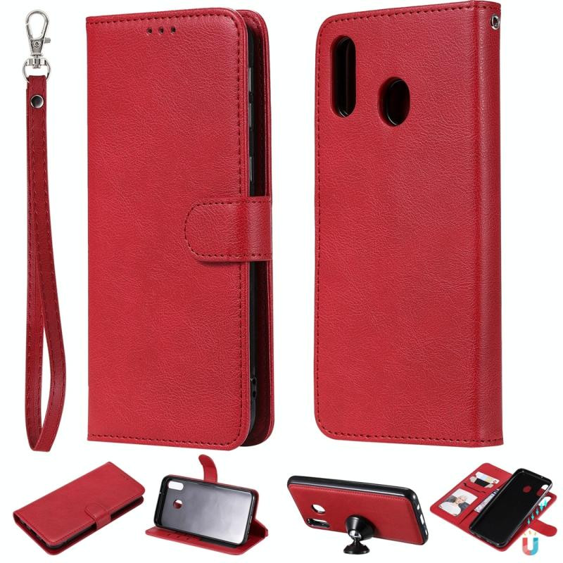 For Galaxy M20 Solid Color Horizontal Flip Protective Case with Holder & Card Slots & Wallet & Photo Frame & Lanyard(Red)