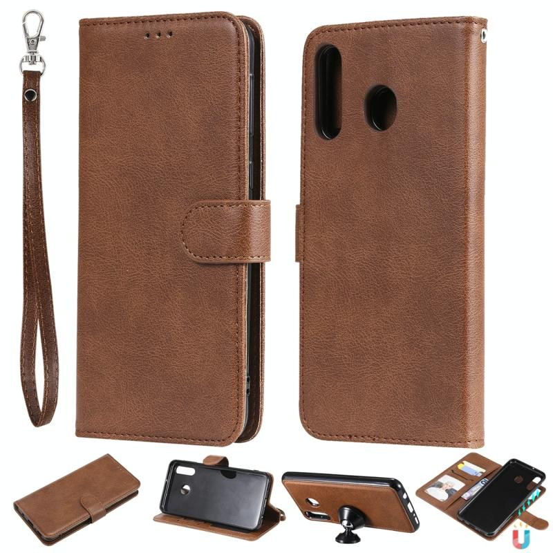 For Galaxy M30 Solid Color Horizontal Flip Protective Case with Holder & Card Slots & Wallet & Photo Frame & Lanyard(Brown)