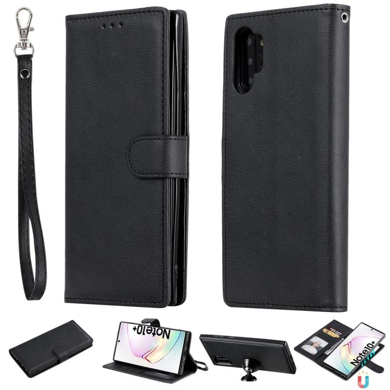 Voor Galaxy Note 10+ Solid Color Horizontal Flip Protective Case met Holder & Card Slots & Wallet & Photo Frame & Lanyard(Black)