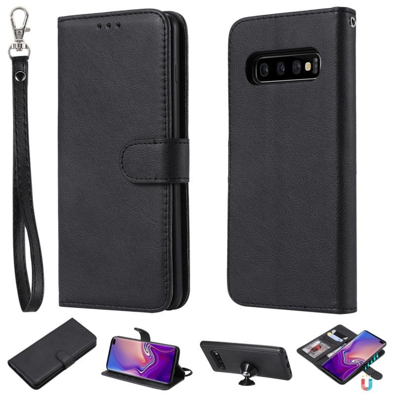 For Galaxy S10+ Solid Color Horizontal Flip Protective Case with Holder & Card Slots & Wallet & Photo Frame & Lanyard(Black)