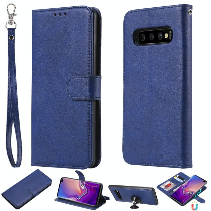 For Galaxy S10+ Solid Color Horizontal Flip Protective Case with Holder & Card Slots & Wallet & Photo Frame & Lanyard(Blue)
