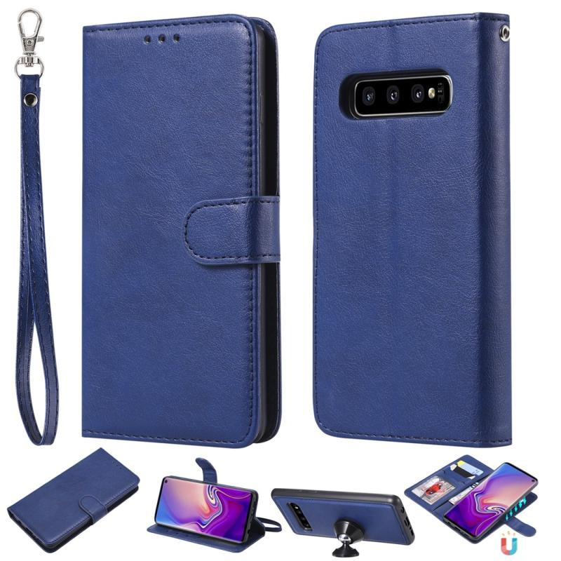 For Galaxy S10 Solid Color Horizontal Flip Protective Case with Holder & Card Slots & Wallet & Photo Frame & Lanyard(Blue)