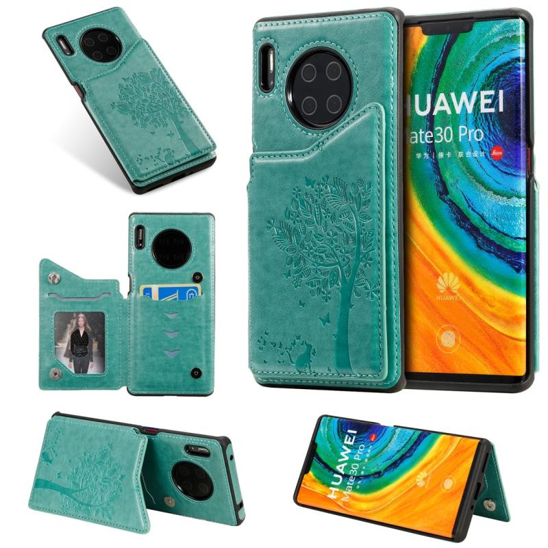 Voor Huawei Mate30 Pro Cat Tree Embossing Pattern Shockproof Protective Case with Card Slots & Photo Frame(Green)