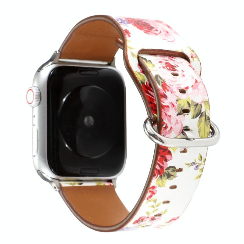 Voor Apple Watch Series 5 & 4 44mm / 3 & 2 & 1 42mm Floral Strap Watchband(White Pink)