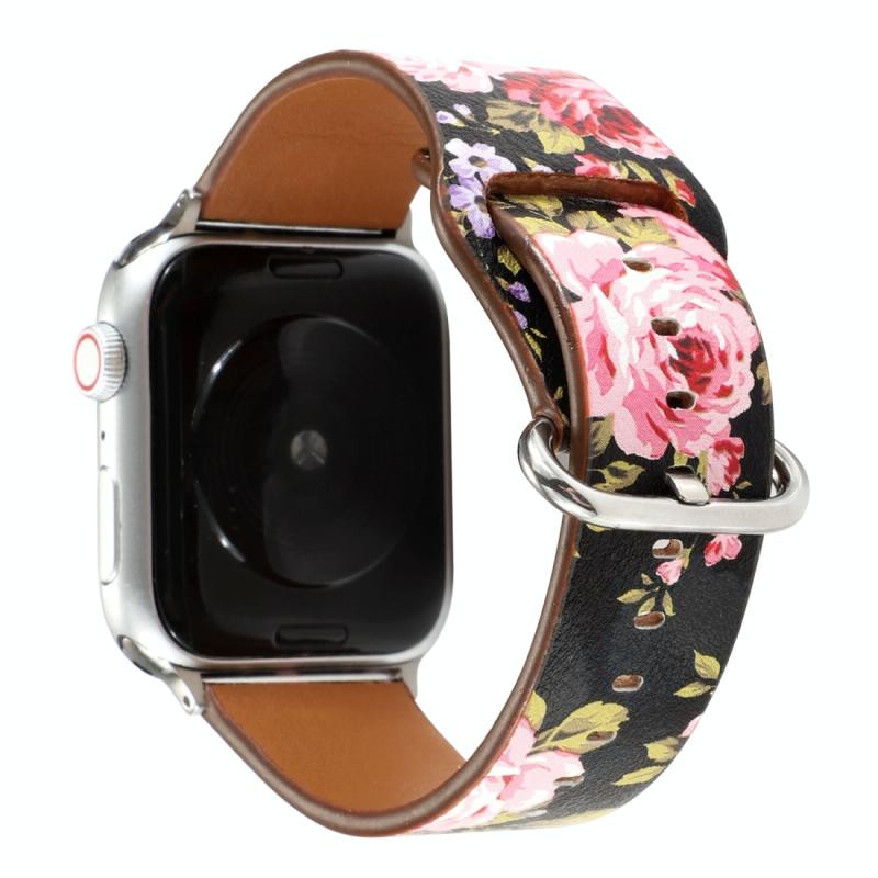 Voor Apple Watch Series 5 & 4 44mm / 3 & 2 & 1 42mm Floral Strap Watchband(Black Pink)