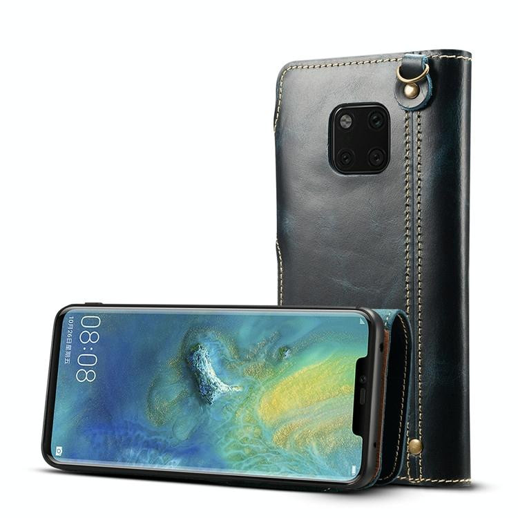 Voor Huawei Mate 20 Pro Denior Oil Wax Cowhide Magnetic Button Horizontal Flip Leather Case with Card Slots & Wallet(Dark Blue)