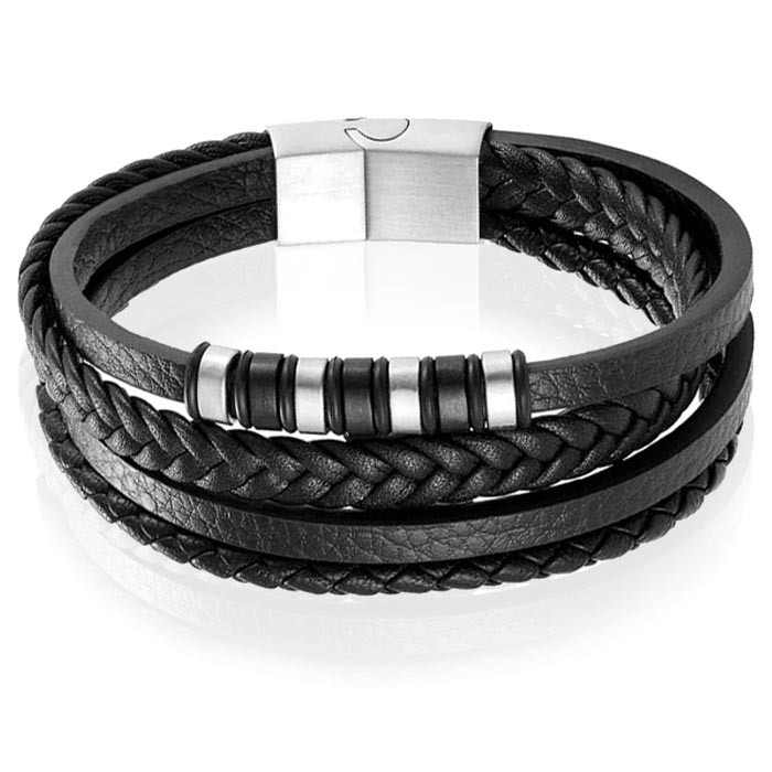 Leren heren armband Multi Mendes Edelstaal Zilverkleurig Zwart - 21cm