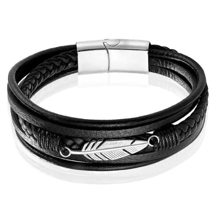 Mendes Jewelry Heren Armband - Stoer Zwart Leder met Bladvormige Stalen Bedel - Zilver-23cm