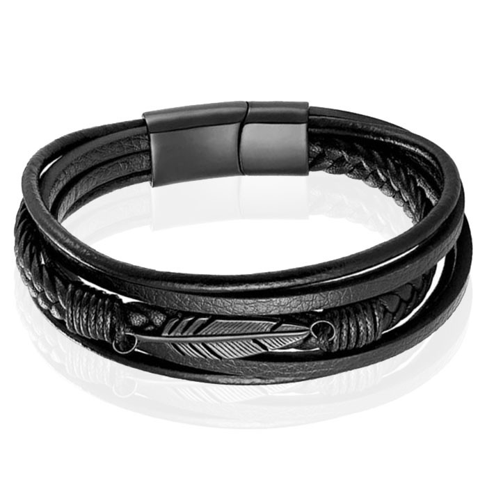 Mendes Jewelry Heren Armband - Stoer Zwart Leder met Bladvormige Stalen Bedel - Zwart-19cm