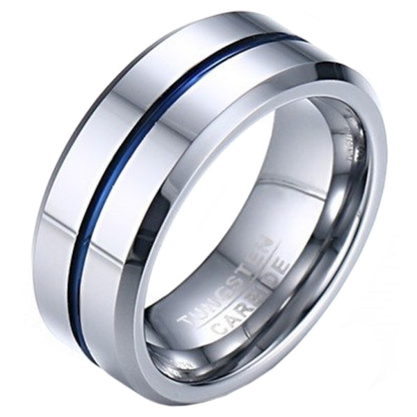 Wolfraam heren ring zilverkleurig met blauwe streep-19mm