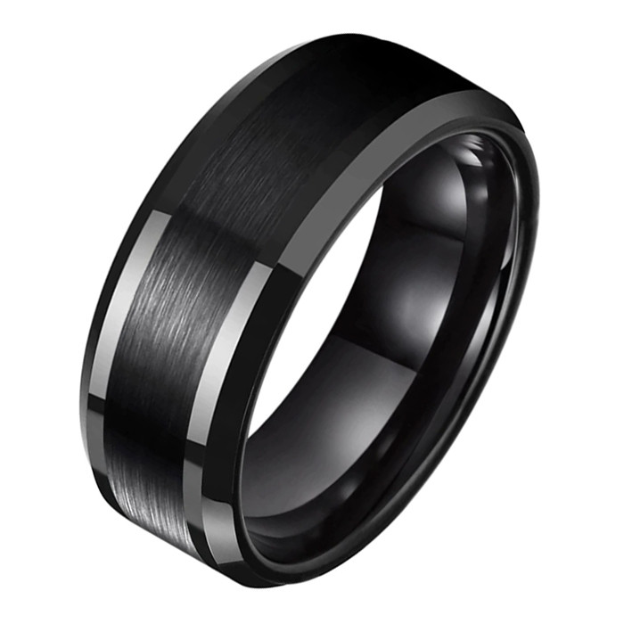 Wolfraam heren ring zwart gebostelde streep 8mm-17mm