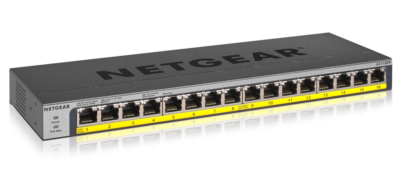 Netgear Prosafe GS116PP (16-Ports Gigabit Unmanaged PoE++) Switch Zwart