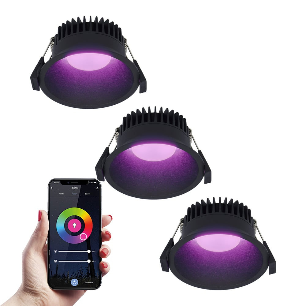 HOFTRONIC SMART 3x Finn Smart LED inbouwspot - 10 Watt - Plafondspot - RGBWW - WiFi + Bluetooth - 630 Lumen - Binnen & buiten - Verzonken spot - Amazon Alexa + Google Assist - Zwart