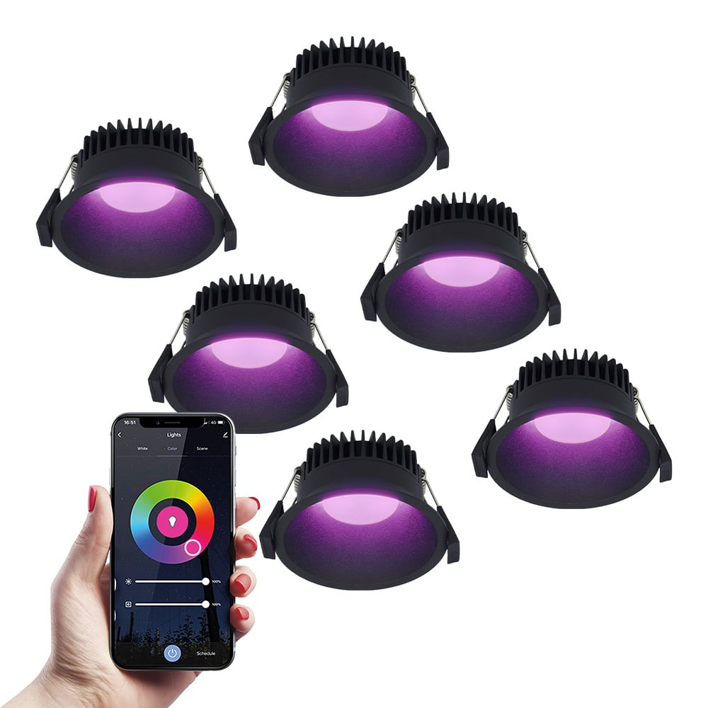 HOFTRONIC SMART 6x Finn Smart LED inbouwspot - 10 Watt - Plafondspot - RGBWW - WiFi + Bluetooth - 630 Lumen - Binnen & buiten - Verzonken spot - Amazon Alexa + Google Assist - Zwart