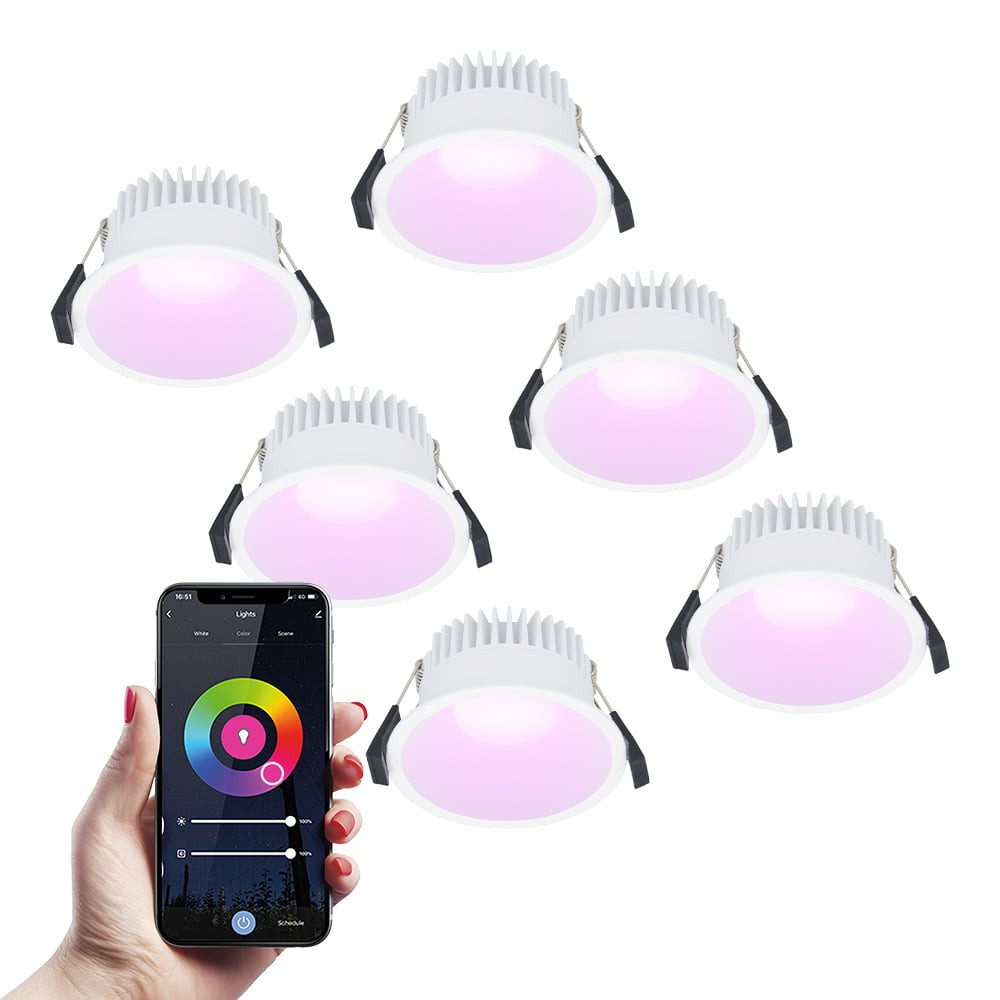 HOFTRONIC SMART 6x Finn Smart LED inbouwspot - 10 Watt - Plafondspot - RGBWW - WiFi + Bluetooth - 630 Lumen - Binnen & buiten - Verzonken spot - Amazon Alexa + Google Assist - Wit