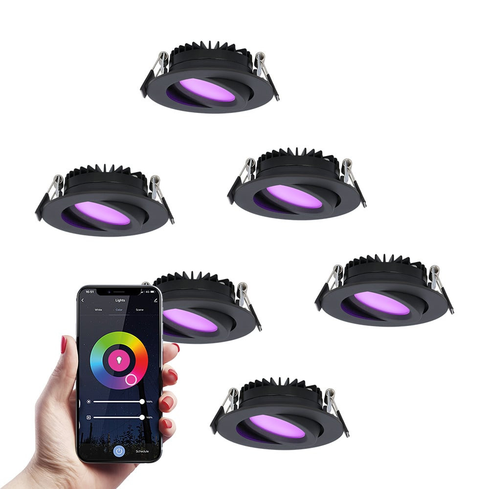 HOFTRONIC SMART Set van 6 smart LED inbouwspots Rome - Zwart - 6 Watt - WiFi & Bluetooth - RGBWW - IP44 - Dimbaar via app - Kantelbaar