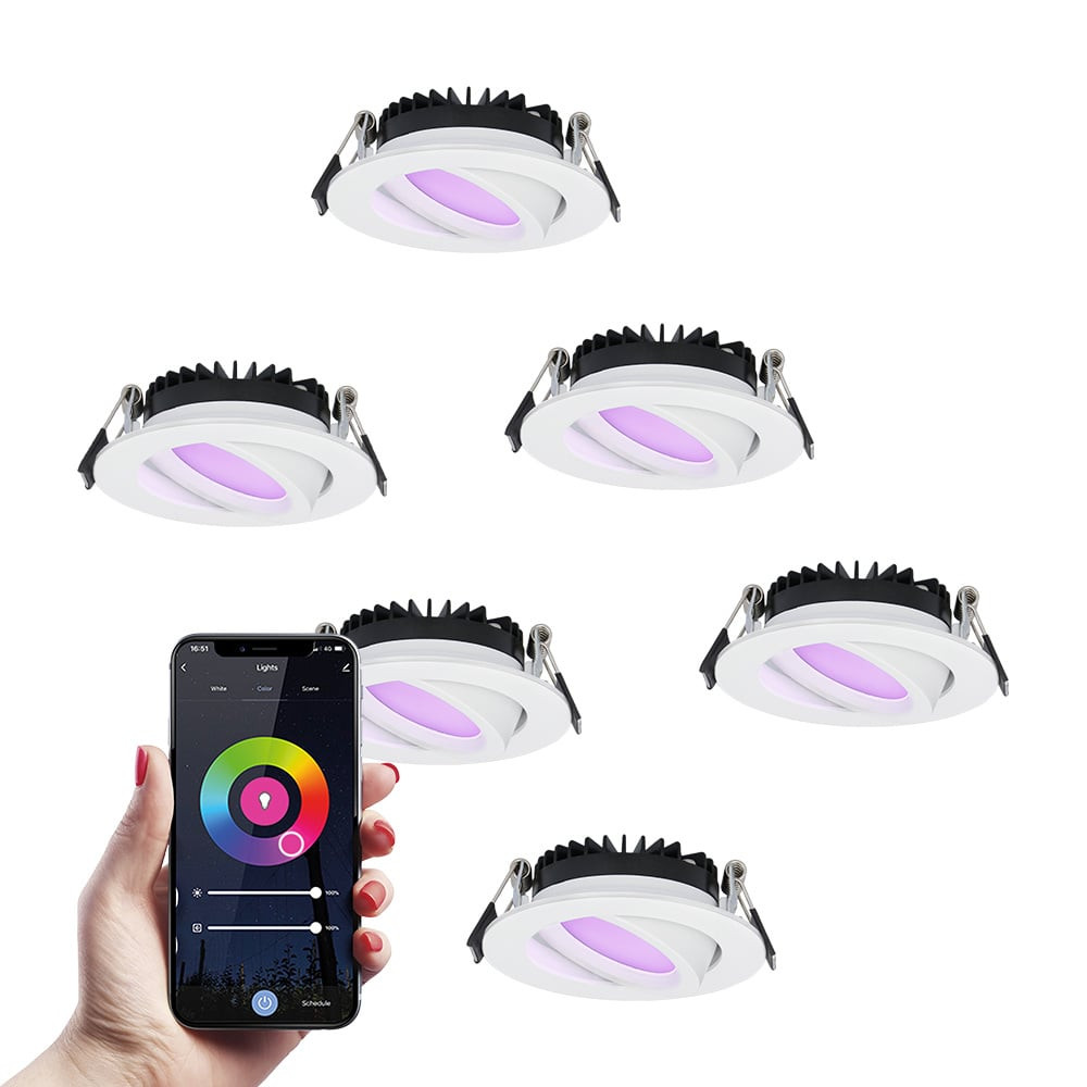 HOFTRONIC SMART Set van 6 smart LED inbouwspots Rome - Wit - 6 Watt - WiFi & Bluetooth - RGBWW - IP44 - Dimbaar via app - Kantelbaar