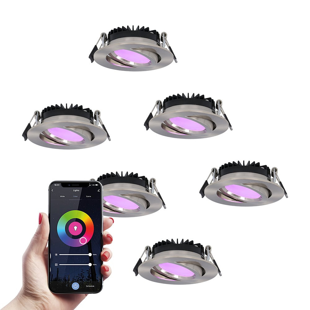 HOFTRONIC SMART Set van 6 smart LED inbouwspots Rome - RVS - 6 Watt - WiFi & Bluetooth - RGBWW - IP44 - Dimbaar via app - Kantelbaar