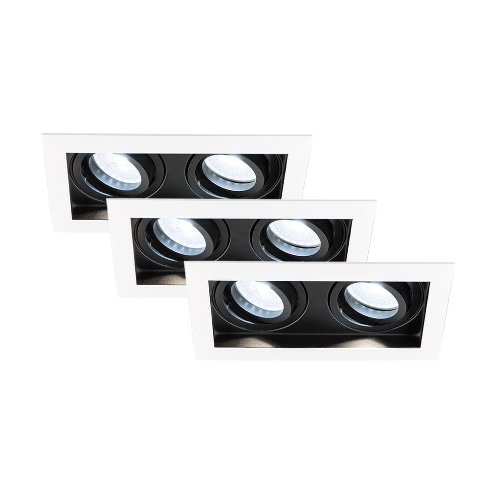 HOFTRONIC™ Set van 3 Durham Inbouwspots Dubbel Wit - GU10 5 Watt 400 lumen - 6000K daglicht wit - Kantelbaar - IP20 - Rechthoek