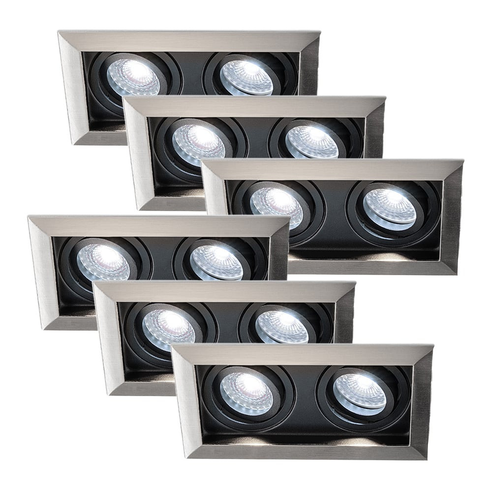 HOFTRONIC™ Set van 6 Durham Inbouwspots Dubbel RVS - GU10 5 Watt 400 lumen - 6000K Daglicht wit - Kantelbaar - IP20 - Rechthoek