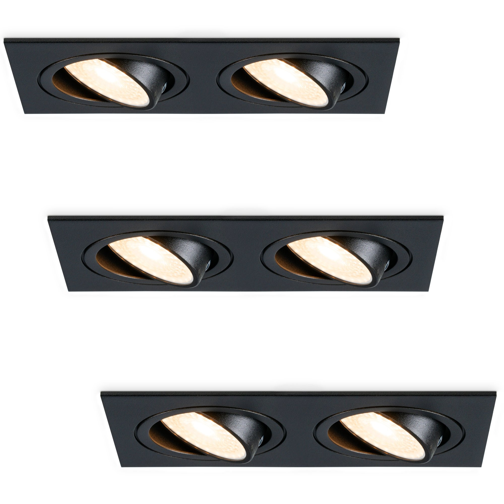 HOFTRONIC™ Set van 3 Mallorca dubbele LED inbouwspots vierkant - Kantelbaar - 2700K Warm wit - GU10 - 5 Watt - Rechthoekig - GU10 verwisselbare lichtbron - Plafondspot voor binnen - Zwart