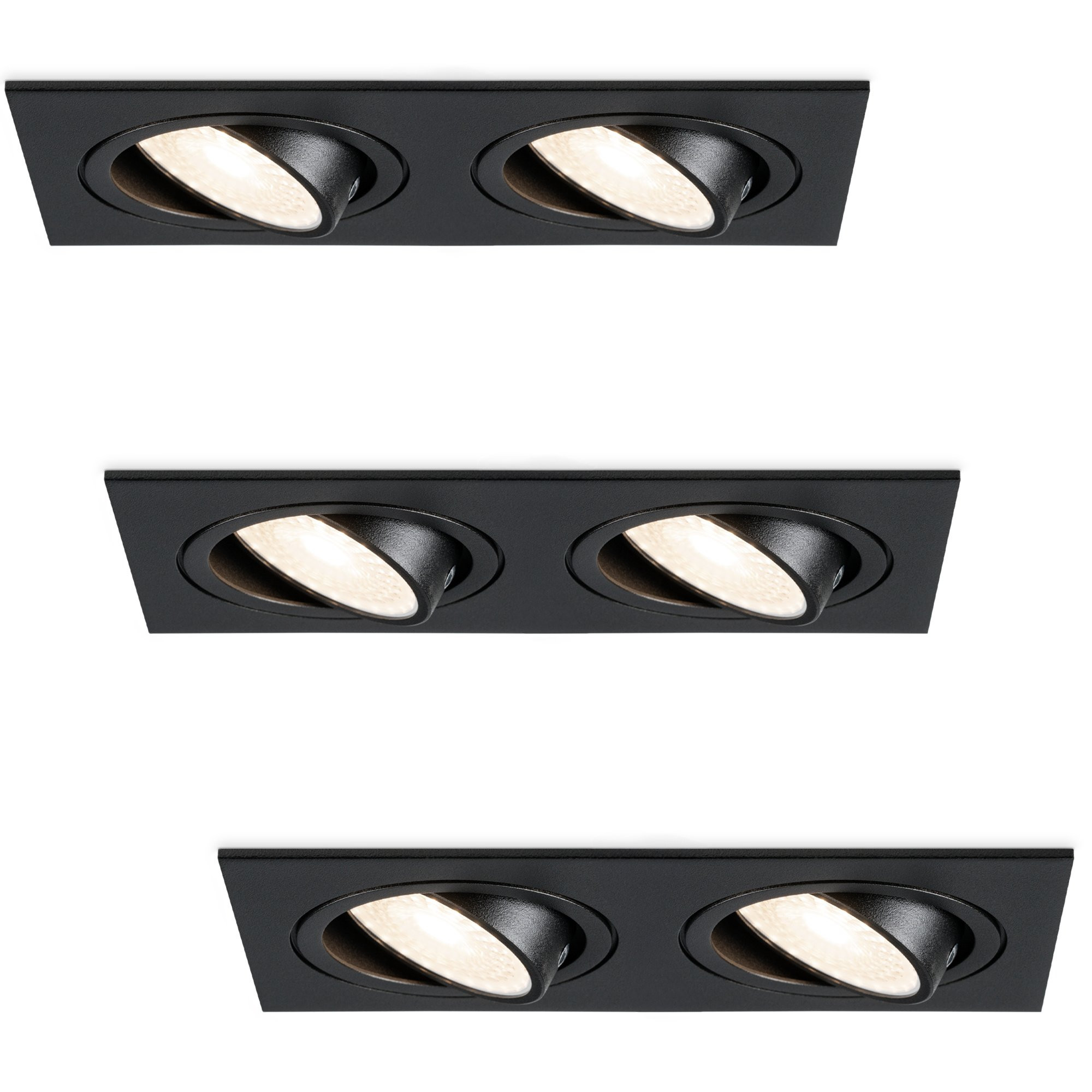 HOFTRONIC™ Set van 3 Mallorca dubbele LED inbouwspots vierkant - Kantelbaar - 4000K Neutraal wit - GU10 - 5 Watt - Rechthoekig - GU10 verwisselbare lichtbron - Plafondspot voor binnen - Zwart