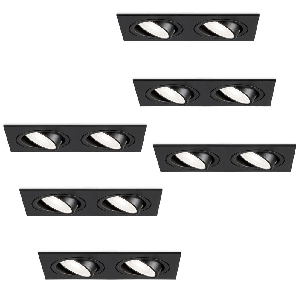 HOFTRONIC™ Set van 6 Mallorca dubbele LED inbouwspots vierkant - Kantelbaar - 6000K Daglicht wit - GU10 - 5 Watt - Rechthoekig - GU10 verwisselbare lichtbron - Plafondspot voor binnen - Zwart