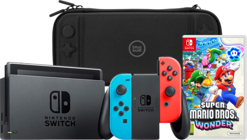 Nintendo Switch Rood/Blauw + Super Mario Bros. Wonder + BlueBuilt Beschermhoes