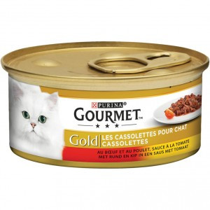 Gourmet Gold Cassolettes met rund, kip, tomaat in saus natvoer kat (85 g) 2 trays (48 x 85 g)