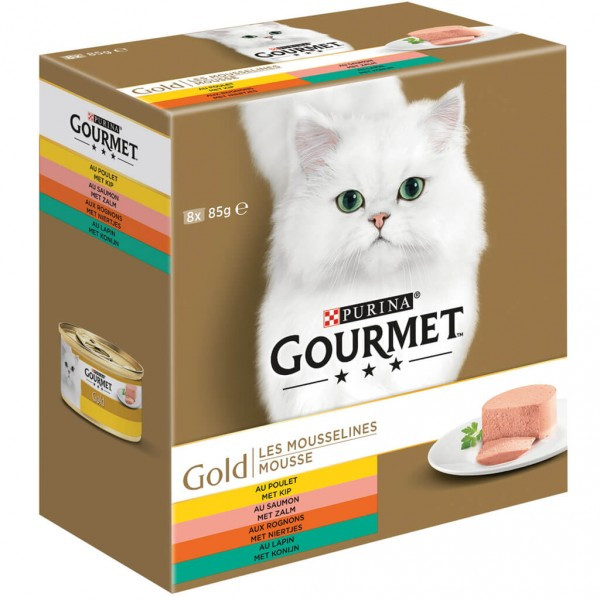 Gourmet Gold Mousse met kip/zalm/niertjes/konijn kattenvoer 8-pack 48 x 85 g