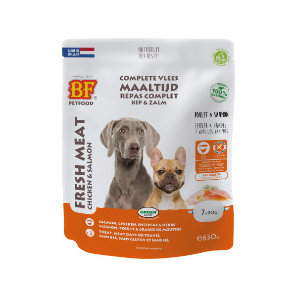 BF Petfood Vleesvoeding kip met zalm hondenvoer (portieverpakkingen) 3 x 630 g