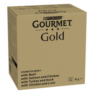 Gourmet Gold Fijne Hapjes in saus met rund, kip-lever, zalm-kip, kalkoen-eend natvoer kat (85 g) 2 x (96x 85 g)