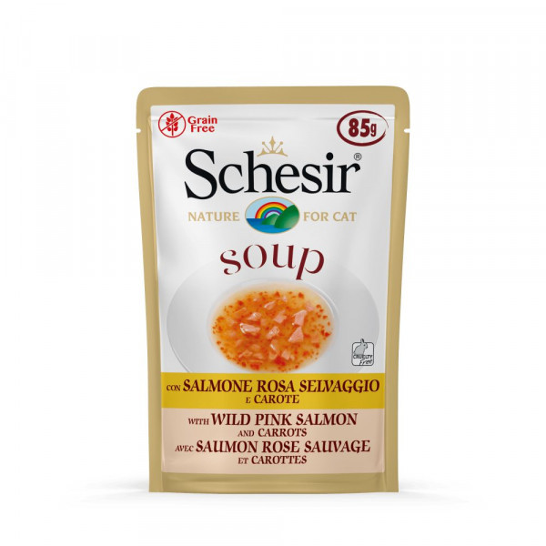 Schesir Cat Soup met wilde roze zalm en wortel natvoer kat (zakjes 85 gram) 4 dozen (80 x 85 g)