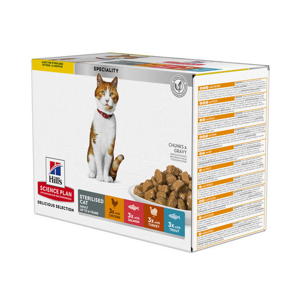 Hill&apos;s Adult Sterilised Cat multipack kip, zalm, forel & kalkoen (85 gram) 2 dozen (24 x 85 g)