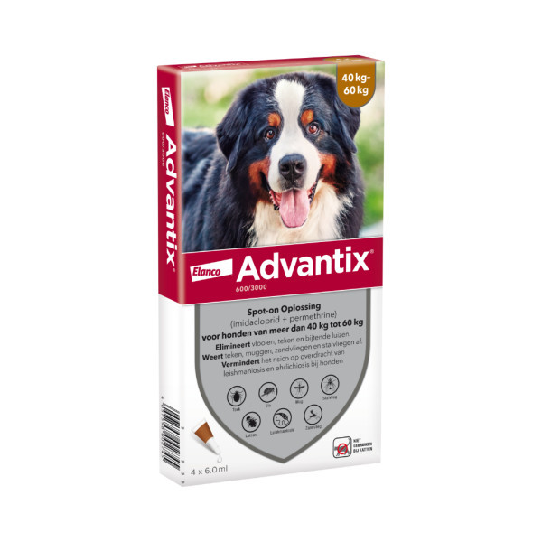 Advantix 600/3000 voor honden van 40 tot 60 kg 3 x 6 pipetten