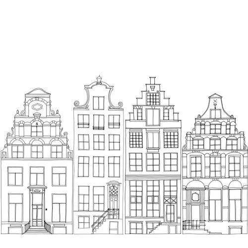 Estahome Fotobehang Getekende Amsterdamse Grachtenhuisjes Zwart En Wit - 300 X 279 Cm