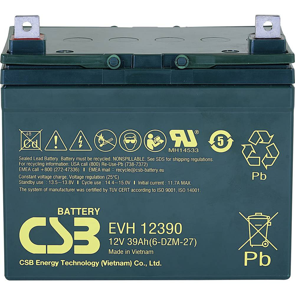 CSB Battery EVH 12390 Loodaccu 12 V 39 Ah Loodvlies (AGM) (b x h x d) 196 x 178 x 155 mm M6-schroefaansluiting Cyclusbestendig, Onderhoudsvrij, Geringe