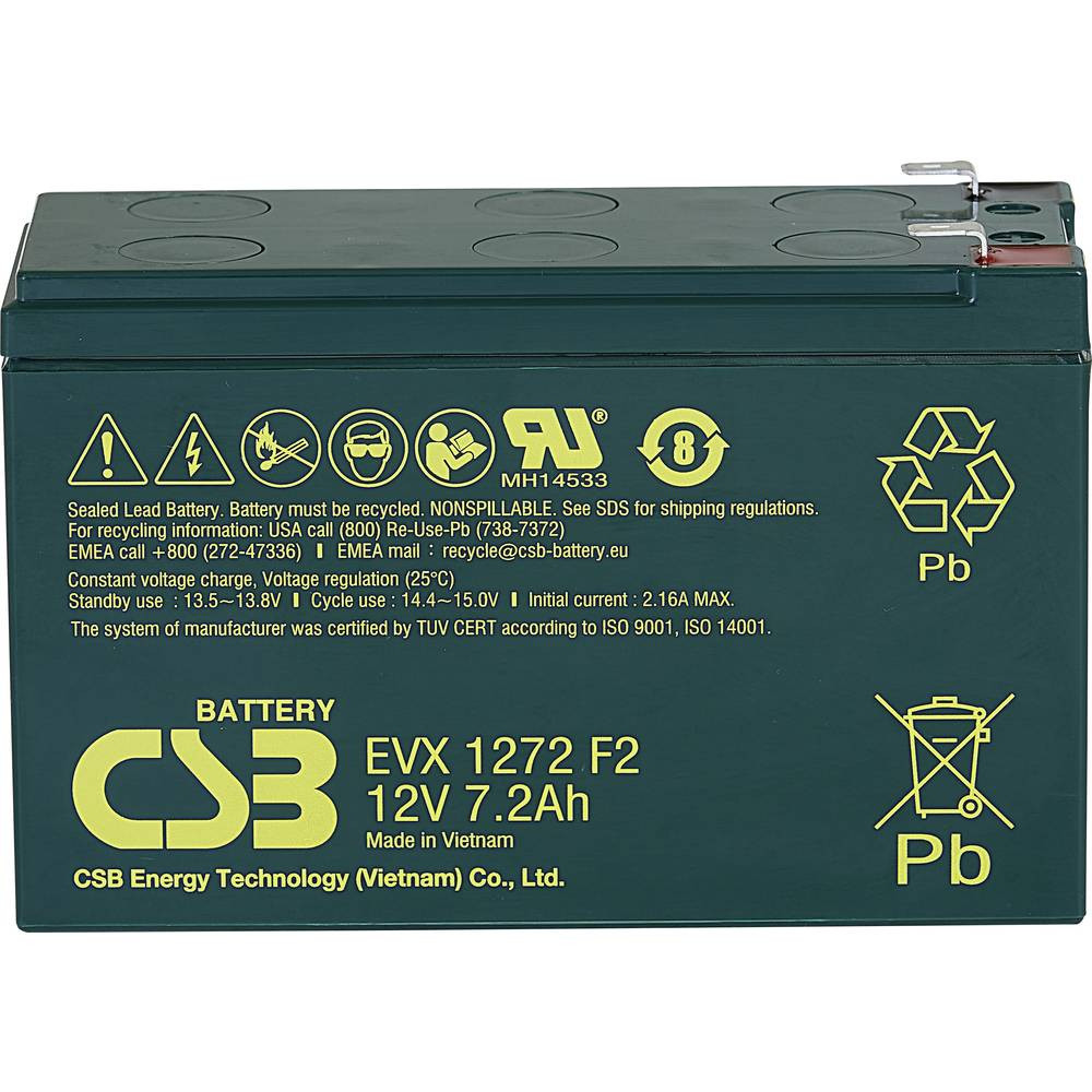CSB Battery EVX 1272 Loodaccu 12 V 7.2 Ah Loodvlies (AGM) (b x h x d) 151 x 99 x 65 mm Kabelschoen 6.35 mm Cyclusbestendig, Onderhoudsvrij, Geringe