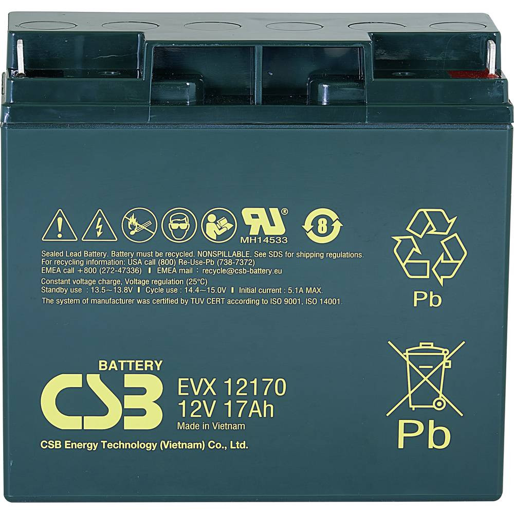 CSB-EVX12170 12 volt AGM loodzuuraccu 17Ah, 181x76.2x167mm M5 platte pool - M5 B / N cyclusbestendig + stand-by
